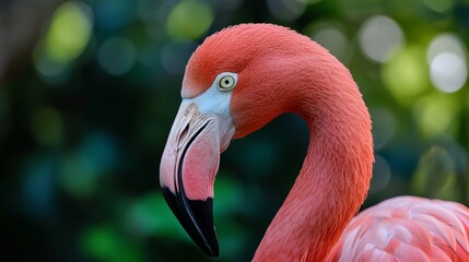  A tight shot of a pink flamingo amidst blurred trees and bushes