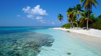 Caribbean location with a white sand shoreline coco hands and a blue water