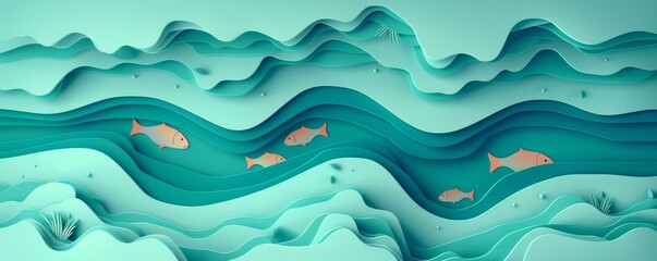 Abstract pond with colorful fish in tranquil water and layered shapes