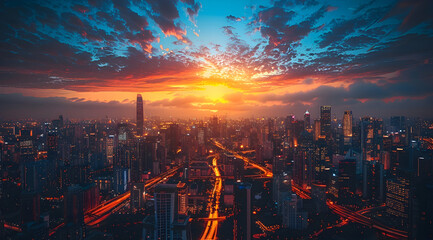 Fototapeta premium Cityscape Illustration with Sunset Sky and City Lights