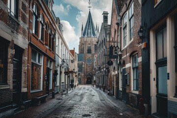 a narrow city street with a clock tower in the background