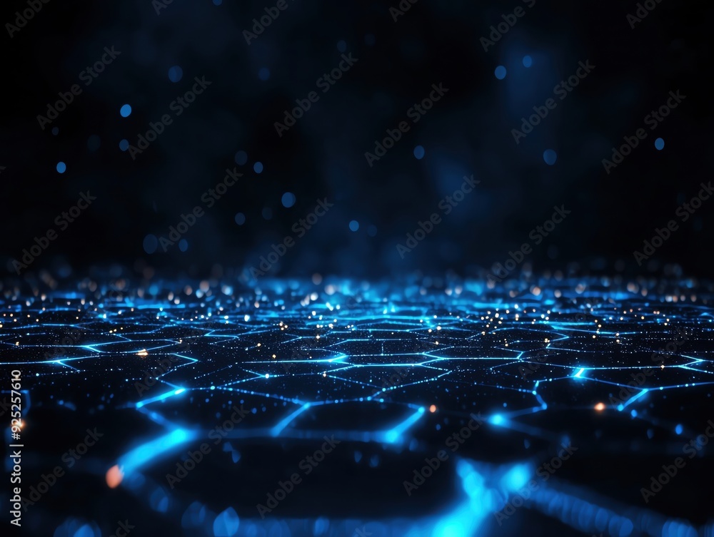 Poster a captivating abstract background featuring glowing blue lines and floating particles, perfect for t