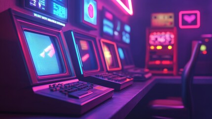 Obraz premium A retro-futuristic gaming room with neon lights, vintage computers and glowing screens.