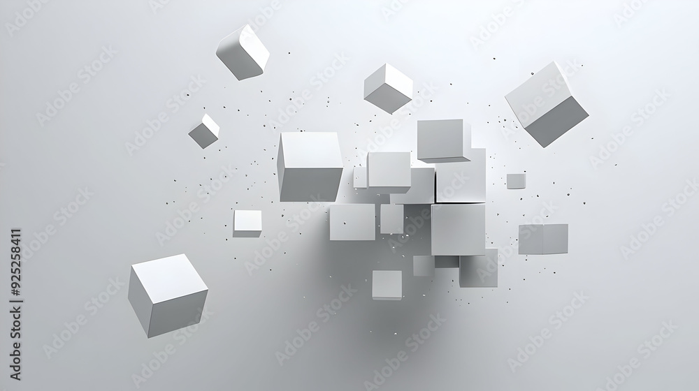 Poster a collection of floating white cubes against a minimalistic background.