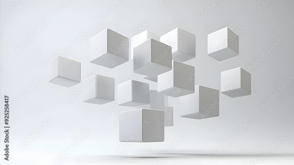 Poster a collection of floating white cubes in a minimalist setting.