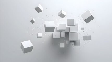 A collection of floating white cubes against a minimalistic background.