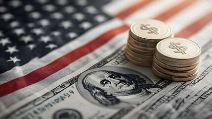 A close-up shot of money on an American flag, showcasing dollar bills and coins, symbolizing wealth and finance.