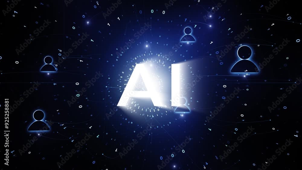 Aufkleber motion graphic of white ai letter and futuristic digital cyberspace with people icons and binary num
