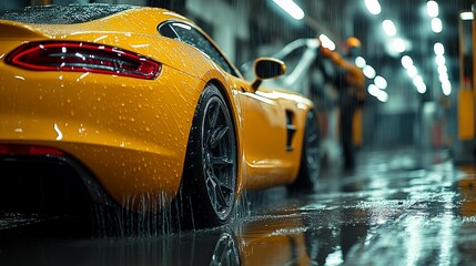 Sleek yellow sports car in rainy night - generative ai