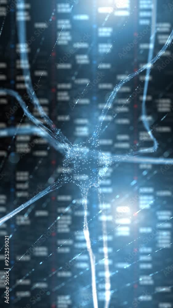 Aufkleber blue shining neuron cell in the brain with artistic digital data vertical background. concept nerve 