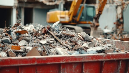 Obraz premium Construction debris in a red dumpster.