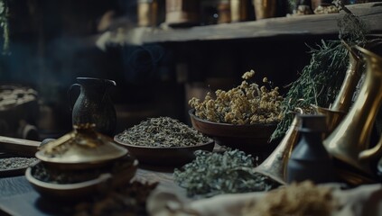 Dried herbs, pottery, and brass jugs.