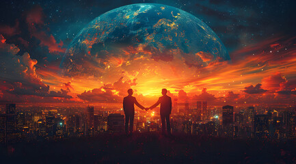 Naklejka premium Two Silhouettes Holding Hands at Sunset with Earth in the Background Illustration