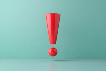 3D red exclamation mark symbol on teal background representing alert or caution.