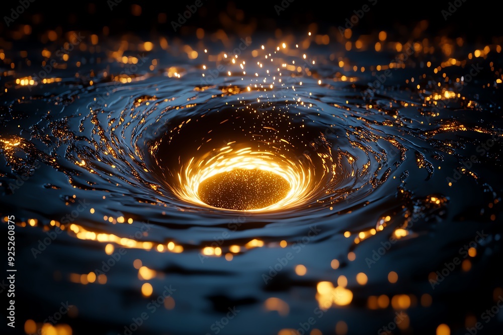 Poster abstract swirling vortex with glowing light in the center.