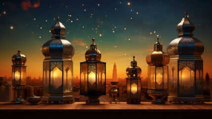 Fototapeta premium Muslim Holy Month Ramadan Kareem Ornamental Arabic Lantern With Burning Candle Glowing At Evening. Neural network ai generated art