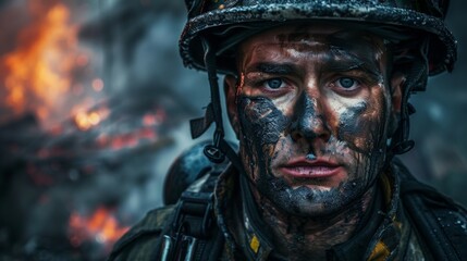 Fototapeta premium portrait of a male firefighter with a fire in the background