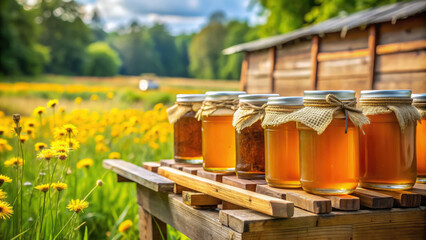 Fototapeta premium many jars of natural yellow honey on the background of beehives, apiary, farm, nature, summer, beekeeping, eco-friendly food, sweet product, healthy eating, flowers, herbs