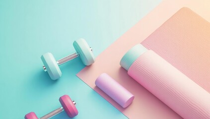 Fototapeta premium Two pink dumbbells and a pink yoga mat.
