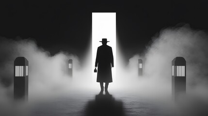 A shadowy figure stands before a glowing doorway in a foggy, mysterious setting. The silhouette suggests an air of intrigue and uncertainty.