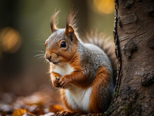Fototapeta premium Red Squirrel Perched on a Tree Trunk in Autumn