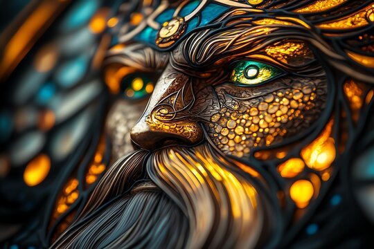 Close-up of a detailed, mythical creature with glowing eyes and intricate scales.  A bearded face with a golden hue.