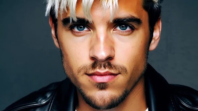 Young man with dyed blonde hair and a goatee exudes a serious vibe in a stylish black leather jacket over a white t shirt