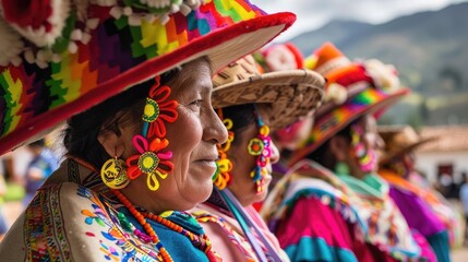 Obraz premium Colorful traditional attire worn by women in Andean culture, featuring vibrant hats and intricate accessories during a cultural celebration.