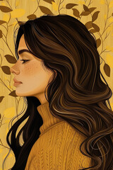 Beautiful young woman with long hair posing with autumn colors illustration