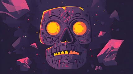 A stylized skull with glowing eyes surrounded by abstract geometric shapes in a dark, vibrant color scheme.