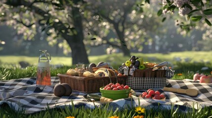 A serene picnic setup in a sunny meadow with delicious food, refreshing drinks, and vibrant nature surrounding the scene.