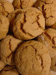 Close up of a pile of cookies. Cookies with cracks. Close-up of fresh homemade cookies for breakfast. Homemade cakes. 