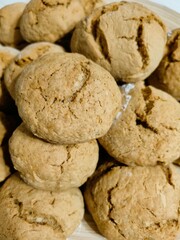 Stack of cookies. Cookies with cracks. Close-up of fresh homemade cookies for breakfast. Homemade cakes. 