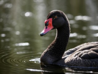 Obraz premium Black Swan with Red Beak and Eye on Water