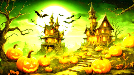 A spooky forest sunset with a haunted evil glowing eyes of Jack O' Lanterns on the left of a wooden bench on a scary halloween night.