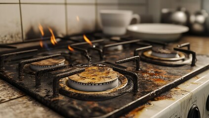 Dirty stovetop with flames and spills.