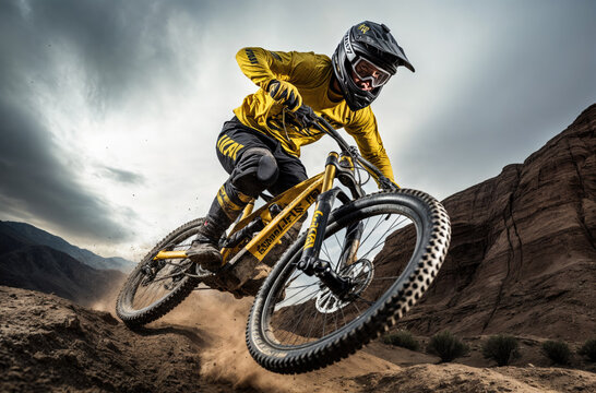 Professional cyclist riding downhill on mountain bike
