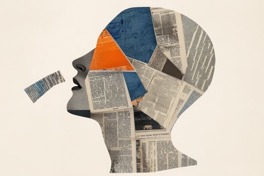 Abstract collage of a head made of newspaper.