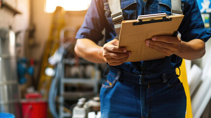 Technician holding clipboard checking inventory in warehouse