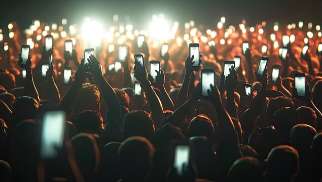 Silhouetted crowd at concert holding up phones.
