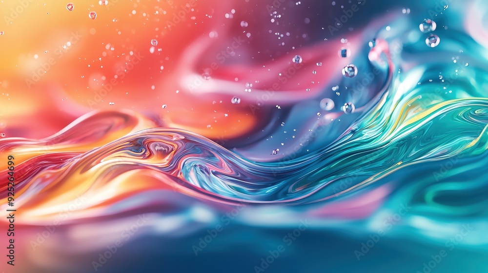 Poster a vibrant swirl of colors and bubbles in dynamic water, creating an abstract and mesmerizing visual 