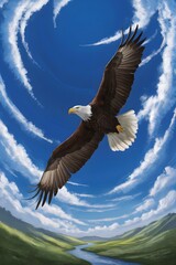 Fototapeta premium Bald Eagle Flying in Blue Sky, Real Photo, Pattern Background, Wallpaper, Cover and Screen for Smartphone, Cell Phone, Computer, Laptop