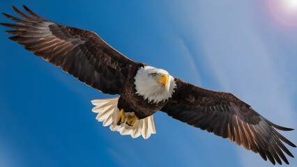 Obraz premium Bald Eagle Flying in Blue Sky, Real Photo, Pattern Background, Wallpaper, Cover and Screen for Smartphone, Cell Phone, Computer, Laptop