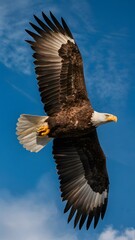 Obraz premium Bald Eagle Flying in Blue Sky, Real Photo, Pattern Background, Wallpaper, Cover and Screen for Smartphone, Cell Phone, Computer, Laptop