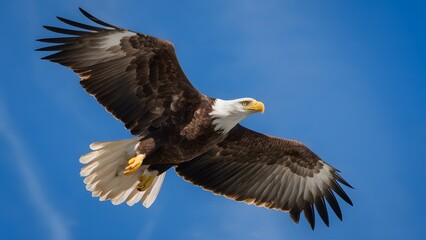 Fototapeta premium Bald Eagle Flying in Blue Sky, Real Photo, Pattern Background, Wallpaper, Cover and Screen for Smartphone, Cell Phone, Computer, Laptop