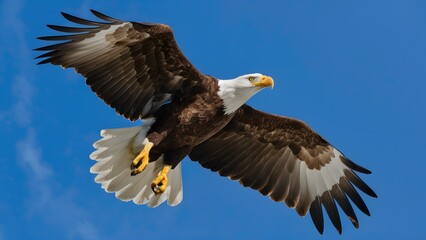 Fototapeta premium Bald Eagle Flying in Blue Sky, Real Photo, Pattern Background, Wallpaper, Cover and Screen for Smartphone, Cell Phone, Computer, Laptop