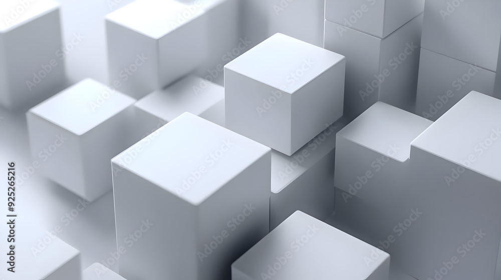 Poster a collection of white cubes arranged in a 3d space, creating a minimalist aesthetic.