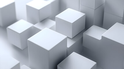 A collection of white cubes arranged in a 3D space, creating a minimalist aesthetic.