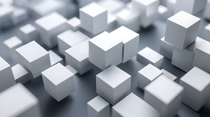 A collection of white cubes scattered across a surface, creating a 3D abstract scene.