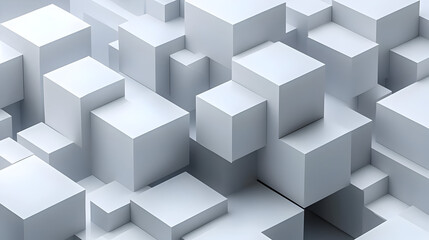 A collection of white geometric blocks arranged in a three-dimensional space.